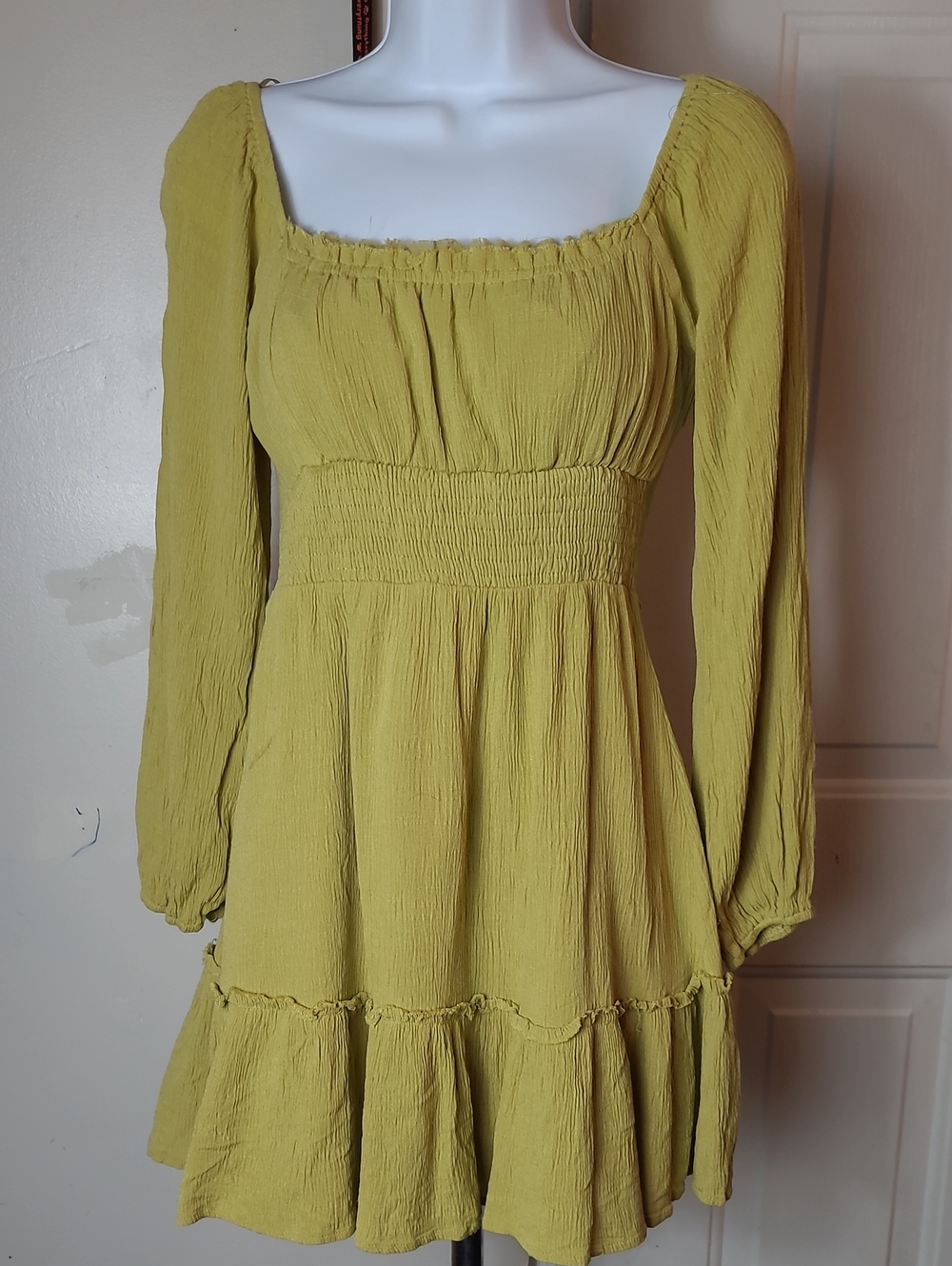 Papermoon Lime Green Long-Sleeve Smocked Mini Dress